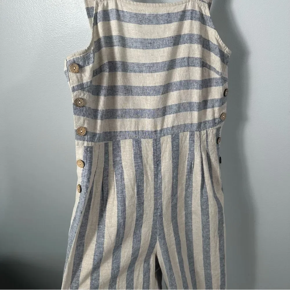 Altar'd State Cream and Blue Sleeveless Striped Linen-Blend Jumpsuit Size Medium